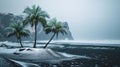 Three palm trees on a beach covered in snow next to the ocean, AI