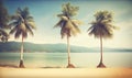 three palm trees on a beach near the ocean with mountains in the background and a blue sky with clouds in the sky and a few Royalty Free Stock Photo