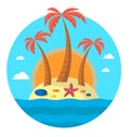 Three palm trees on island and the sun. On island there are starfish and stones. Editable. Vector flat illustration. Round Royalty Free Stock Photo