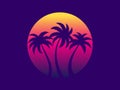 Three palm trees at sunset in a futuristic retro style. Summer time. Silhouettes of palm trees against the background of a Royalty Free Stock Photo