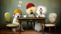 Three pampered dogs with stylish fans and flowers seated at a vintage table.