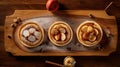 three pancakes with apples on a cutting board with apples