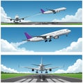 Three-panel illustration depicting an airplane with a purple tail taking off. In the first Royalty Free Stock Photo