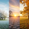Three-panel image depicting different seasons. The left panel shows spring Royalty Free Stock Photo