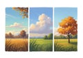 Three-panel landscape artwork depicting different seasons. The Royalty Free Stock Photo