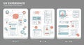 Three panels display user experience (UX) design concepts. Each panel features Royalty Free Stock Photo