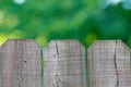 Three panels of wooden fence with blurry green trees bokeh in background Royalty Free Stock Photo