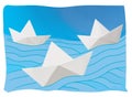 Three paper boats on the blue waves. Journey. Message. Illustrative mock up