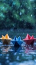 Three paper boats sailing in the rain. Royalty Free Stock Photo