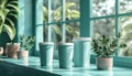 Three paper coffee cups with white lids on the windowsill with green plants on each side Royalty Free Stock Photo