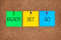 Three paper notes on corkboard with words Ready, Set, Go. Royalty Free Stock Photo