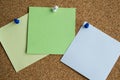 Three paper notes green, white and yellow color on a cork Board, attached with a white pushpin. Copy space Royalty Free Stock Photo