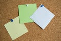 Three paper notes green, white and yellow color on a cork Board, attached with a white pushpin. Copy space Royalty Free Stock Photo