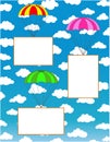 Three parachutes with white paper sheets for text.