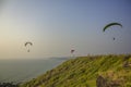 Three paragliders on colorful parachutes fly over the sea and the green hill against a clean blue sky Royalty Free Stock Photo