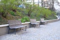 three park benches brown with wood lining high wall bushes granite pavement