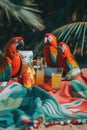 Three parrots sitting on a blanket with drinks. Generative AI image. Royalty Free Stock Photo