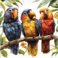 Three parrots on a tree branch in the tropical forest, AI generated Royalty Free Stock Photo