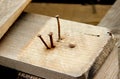 Three in part driven-in bended rusty nails and one in full driven-in nail in wooden plank Royalty Free Stock Photo