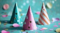 three party birthday party hats stand on blue blue ground