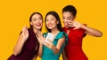 Three Party Girls Making Selfie On Smartphone In Studio, Panorama