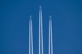 Three passenger planes. Airplane in the sky with a trace of steam contrail.Airliner Royalty Free Stock Photo