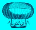Three passengers standing in the gondola of a historic balloon in front of a blue background