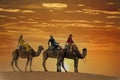 Three Riders And Their Handler Travel Through The Saharan Desert On Their Camels In Morocco Royalty Free Stock Photo