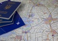 Three Passports on the Map. Business travel traveling map world concept. T