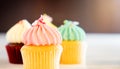 Three Pastel color Cupcake muffins bright lighting Royalty Free Stock Photo