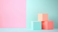 Pastel cubes creating minimalist podium design with split pink and light blue background, presenting clean geometric staging for Royalty Free Stock Photo