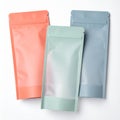 Three Pastel Colored Stand Up Pouches with Clear Window on White Surface Royalty Free Stock Photo