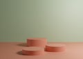 Three pastel pink podiums or stands on pastel green background for product display. Minimal composition for product photography 3D