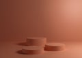 Three pastel pink podiums or stands on salmon pink background for product display. Minimal composition for product photography 3D