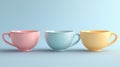 Three Pastel Teacups on a Blue Background Three teacups one pink one blue and one yellow stand in a row on a light blue Royalty Free Stock Photo