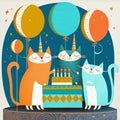 Three peaceful cats with birthday cake, candles hats and balloons