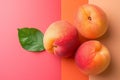 three peaches laid out on a background of bright brights Royalty Free Stock Photo