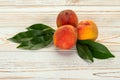 Three peaches with leaves Royalty Free Stock Photo