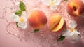 Three peaches are sitting on top of a pink surface, AI