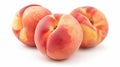 Three peaches are sitting on a white surface with one cut in half, AI
