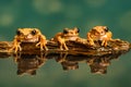 Three Peacock tree frogs Leptopelis vermiculatus. Reflections in the water Royalty Free Stock Photo