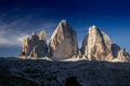 Three Peaks of Lavaredo in morning sun - Tre Cime di Lavaredo.