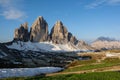 Three Peaks of Lavaredo. View from Refuge Locatelli. Dolomites, Italy Royalty Free Stock Photo