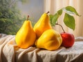 three pears sitting on a table next to an apple Royalty Free Stock Photo