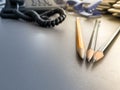 Three pencils lie sharply sharpened next to folders with sheets of paper and documents on the working business desk in the office Royalty Free Stock Photo