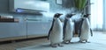 Three penguins cool down under the air conditioner on a hot summer day in a modern bright living room