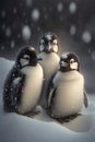 Three penguins looking at the camera with snow in the background, created using generative ai techno Royalty Free Stock Photo