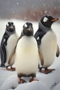 Three penguins looking at the camera with snow in the background, created using generative ai techno Royalty Free Stock Photo