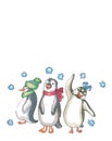 Three penguins in scarves and hat wave their wings in greeting