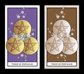 Three of pentacles. Tarot cards. Three golden pentacles surrounded by orange blossom flowers